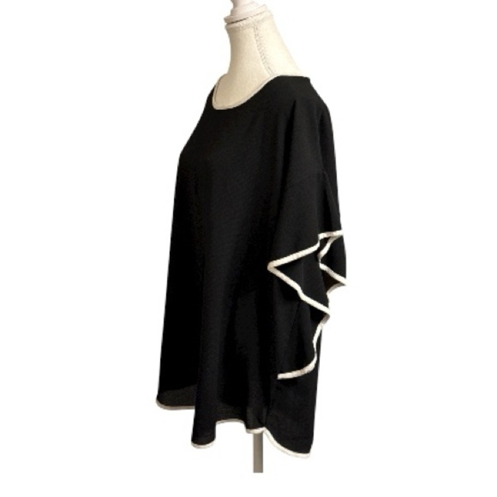 Black Poncho Top Made in USA Contrast Trim Flutter Sleeve Oversized - L - Picture 4 of 10